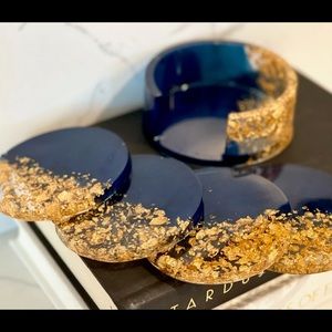 Blue and Gold Leaf Handmade Resin Coasters With Holder - Set of 4